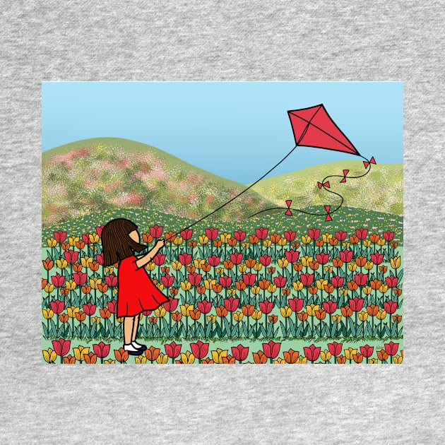 Young Girl Flying Kite Tulip Field Spring Season. by Nalidsa